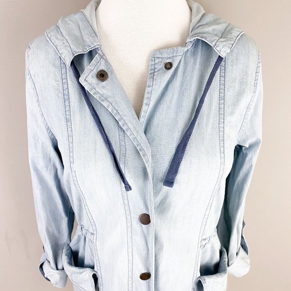 Daytrip Chambray Blue Light Weight Hooded Button Front Spring Fall Jacket XS - Picture 2 of 5